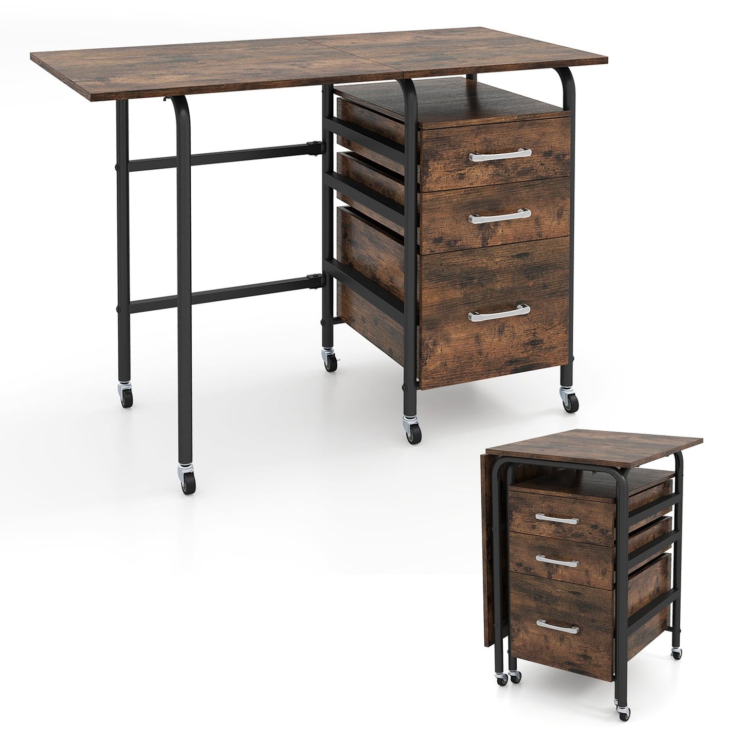 Folding Desk with 3 Drawers Storage & Rolling Wheels for Living Room Space-Saving-Rustic Brown