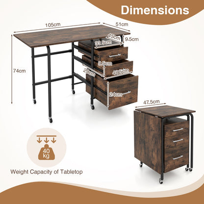 Folding Desk with 3 Drawers Storage & Rolling Wheels for Living Room Space-Saving-Rustic Brown