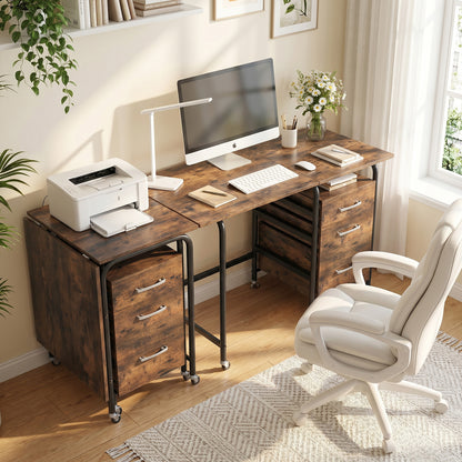 Folding Desk with 3 Drawers Storage & Rolling Wheels for Living Room Space-Saving-Rustic Brown