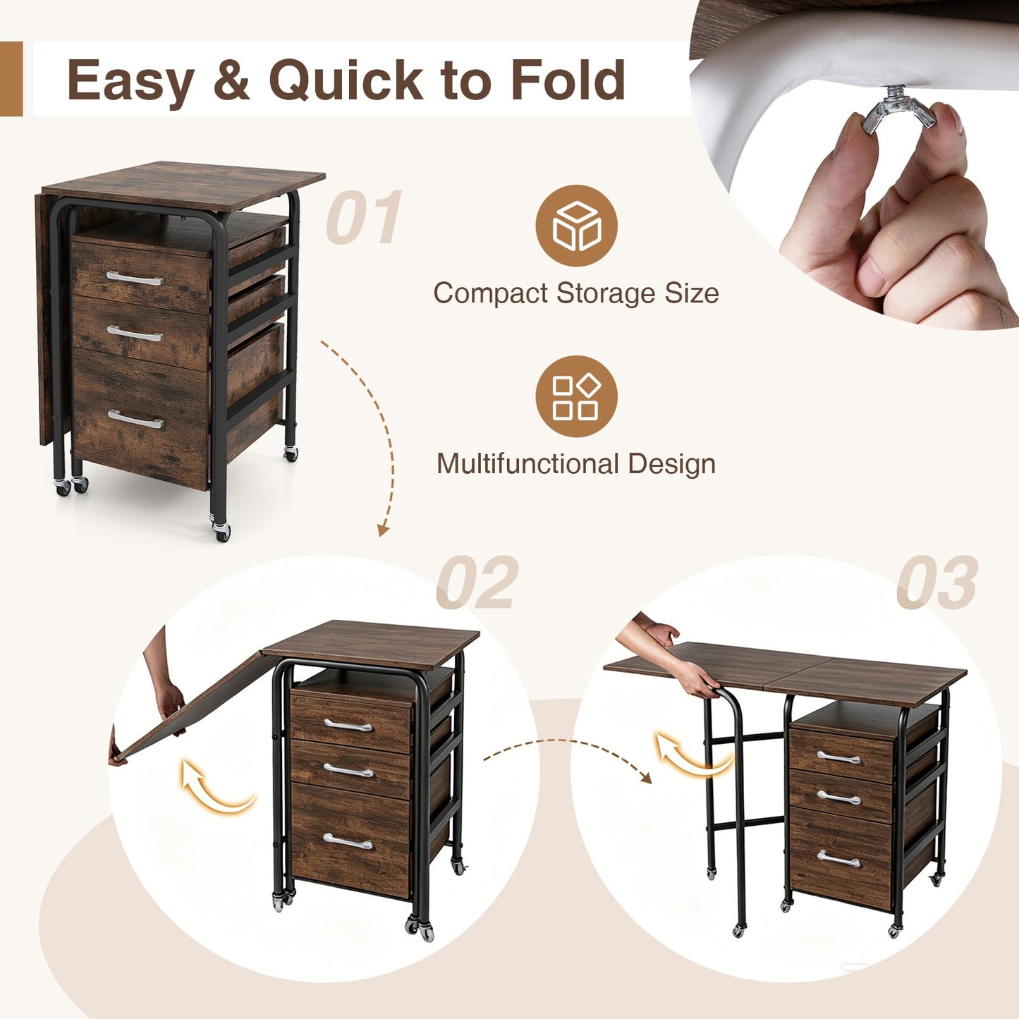 Folding Desk with 3 Drawers Storage & Rolling Wheels for Living Room Space-Saving-Rustic Brown