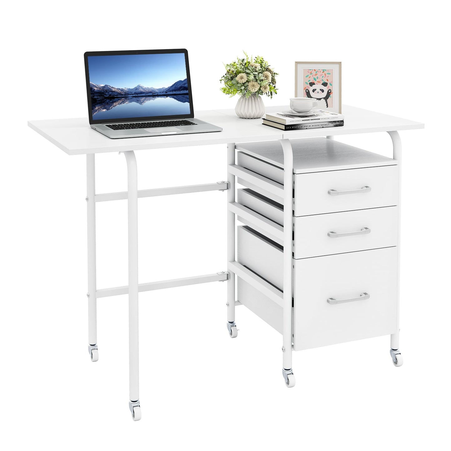 Folding Desk with 3 Drawers Storage & Rolling Wheels for Living Room Space-Saving-White