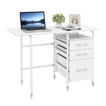 Folding Desk with 3 Drawers Storage & Rolling Wheels for Living Room Space-Saving-White