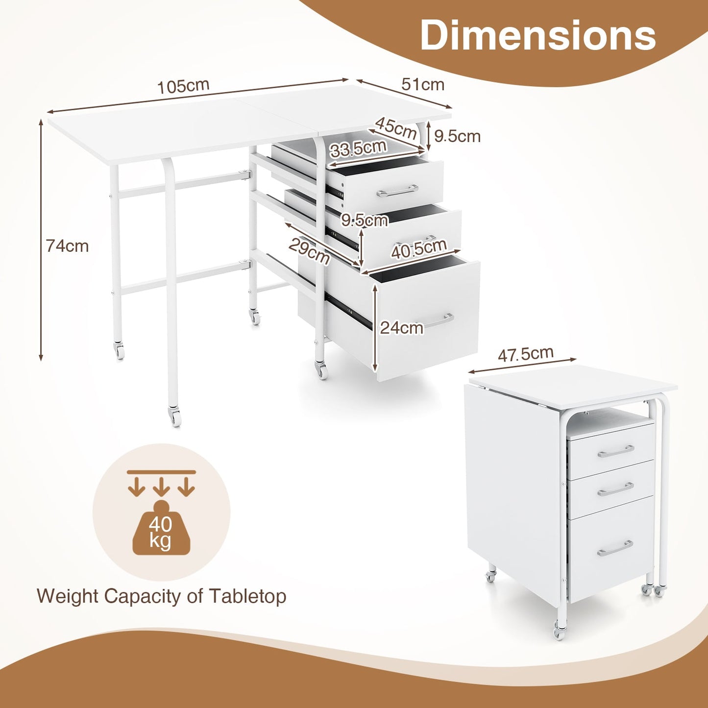 Folding Desk with 3 Drawers Storage & Rolling Wheels for Living Room Space-Saving-White
