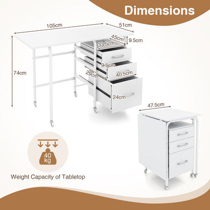 Folding Desk with 3 Drawers Storage & Rolling Wheels for Living Room Space-Saving-White
