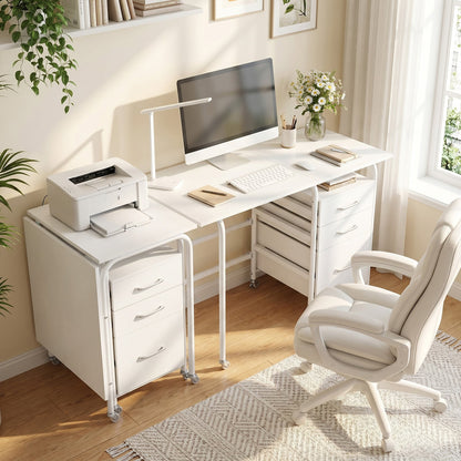 Folding Desk with 3 Drawers Storage & Rolling Wheels for Living Room Space-Saving-White