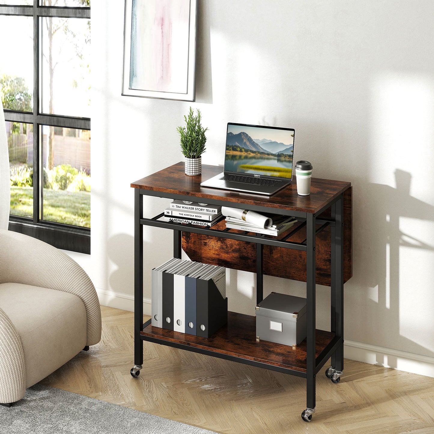 Folding Dining Table Movable Kitchen Table with Wine Rack Storage Shelf and Wheels-Rustic Brown