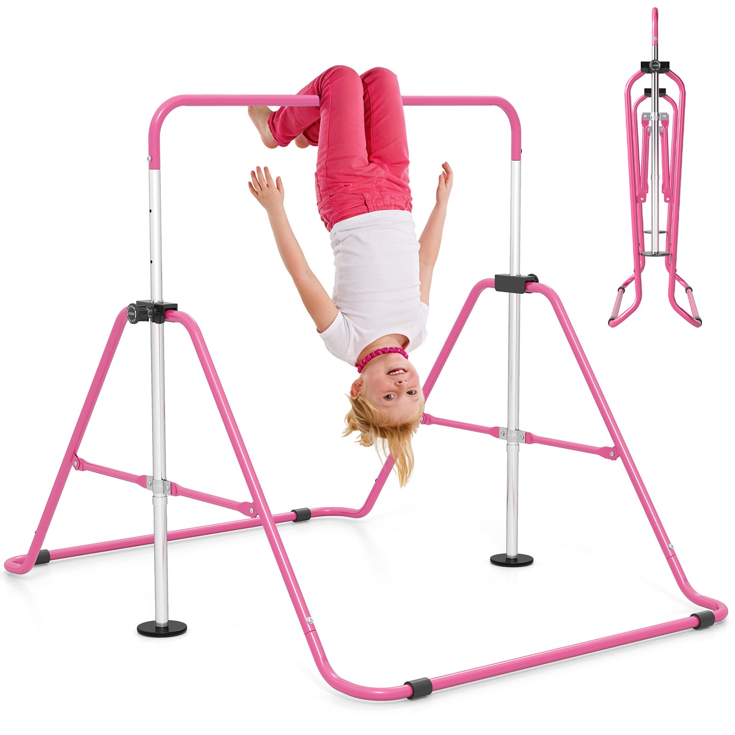 Folding Gymnastics Bar for Kids Height Adjustable Horizontal Kip Training Bar-Pink