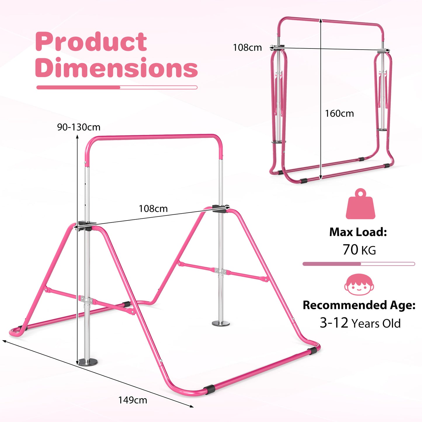 Folding Gymnastics Bar for Kids Height Adjustable Horizontal Kip Training Bar-Pink