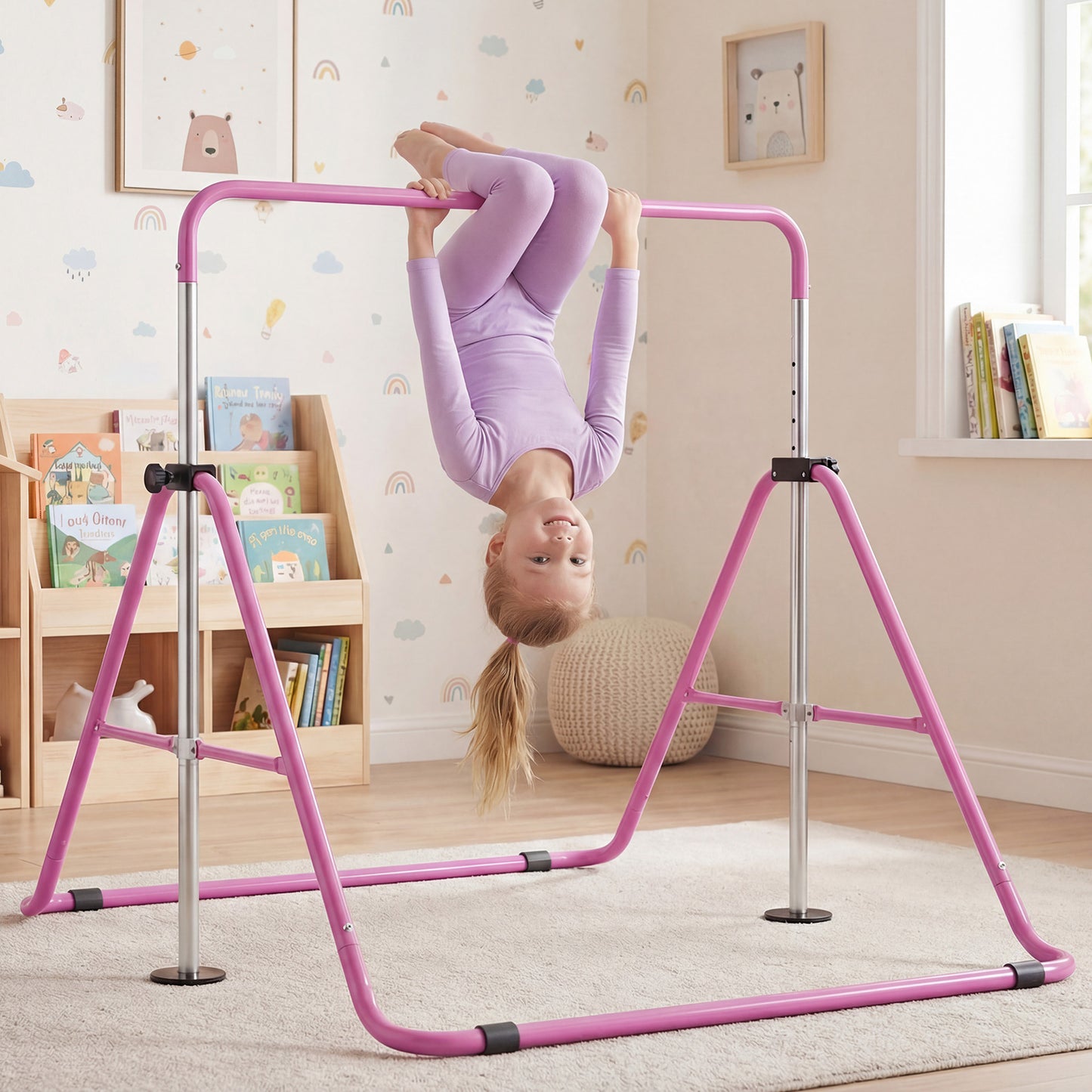 Folding Gymnastics Bar for Kids Height Adjustable Horizontal Kip Training Bar-Purple