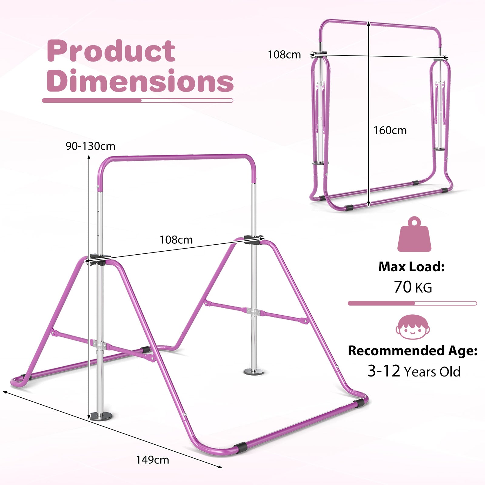 Folding Gymnastics Bar for Kids Height Adjustable Horizontal Kip Training Bar-Purple