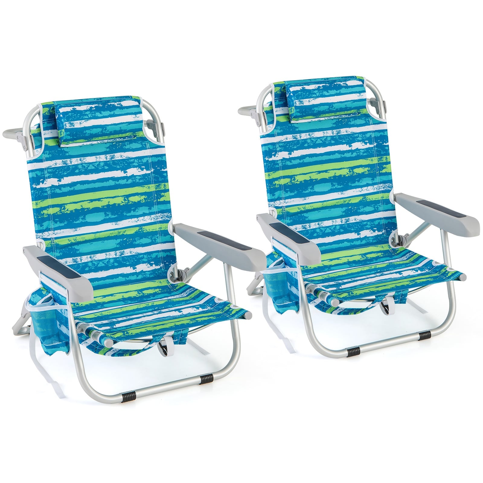 Folding Lay Flat Beach Chair Set of 2 with 5-Position Backrest-Blue & Green