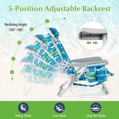 Folding Lay Flat Beach Chair Set of 2 with 5-Position Backrest-Blue & Green
