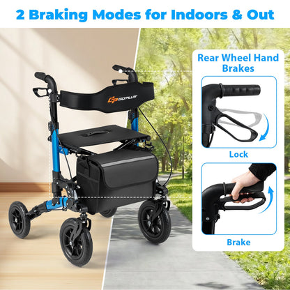 Folding Rolling Walker with Seat and Mesh Backrest for Seniors-Blue