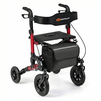 Folding Rolling Walker with Seat and Mesh Backrest for Seniors-Red