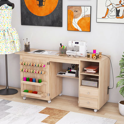 Folding Sewing Table with Charging Station and Storage Shelves-Natural