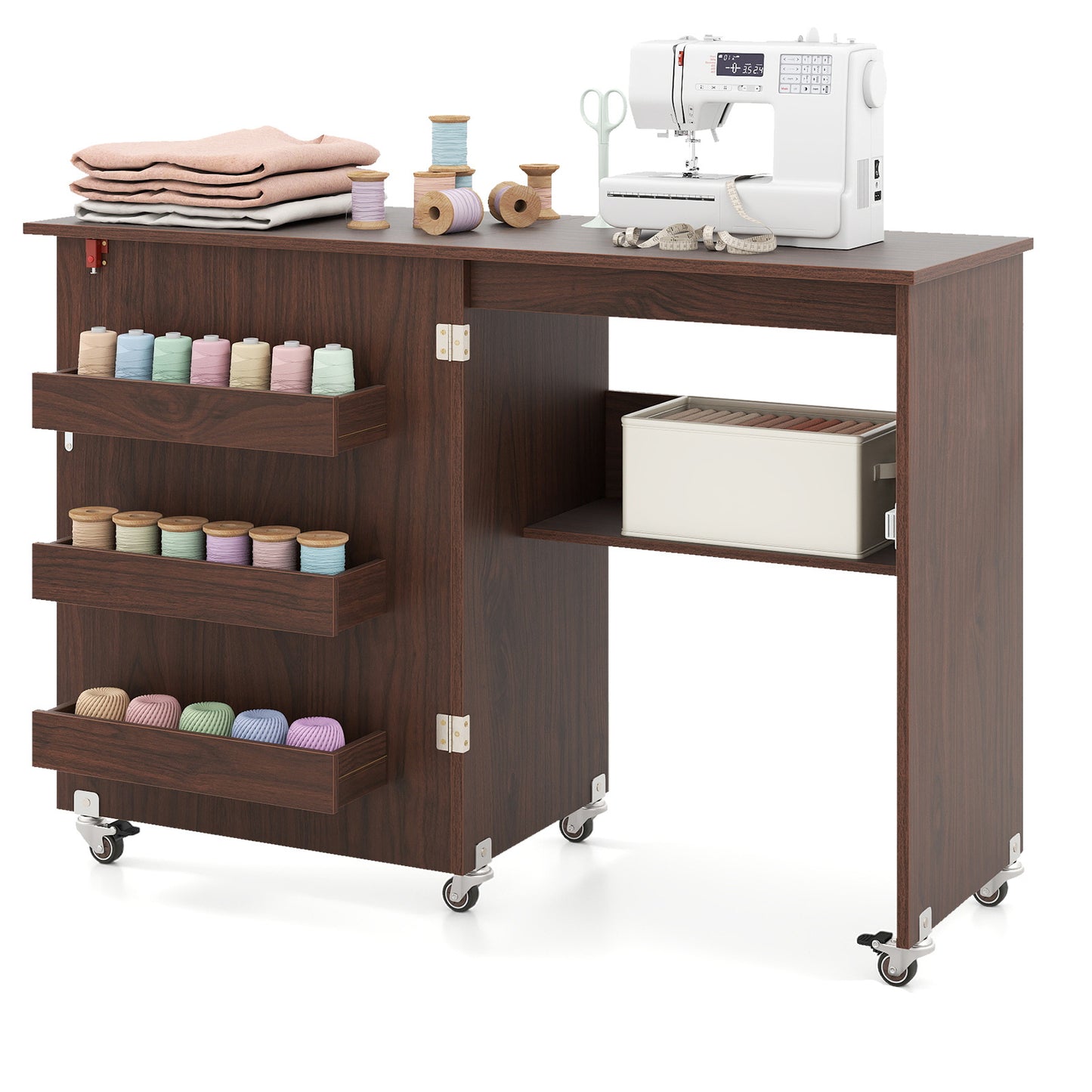 Folding Sewing Table with Storage Shelf and 3 Hidden Bins for Home-Brown