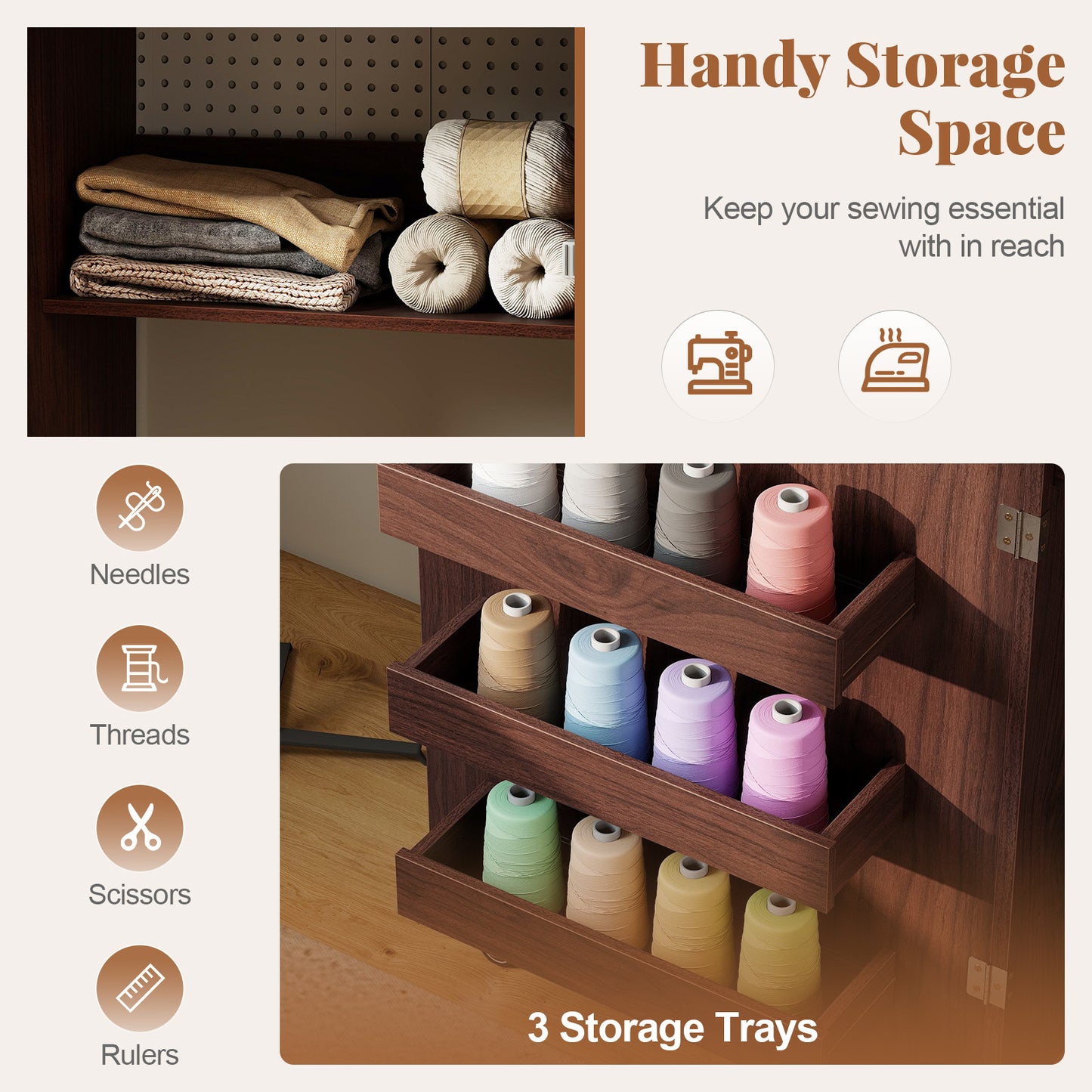 Folding Sewing Table with Storage Shelf and 3 Hidden Bins for Home-Brown