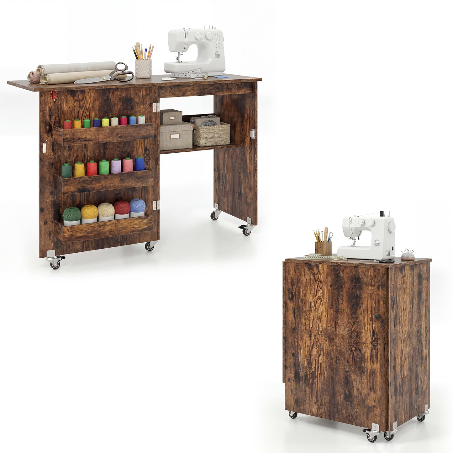 Folding Sewing Table with Storage Shelf and 3 Hidden Bins for Home-Rustic Brown