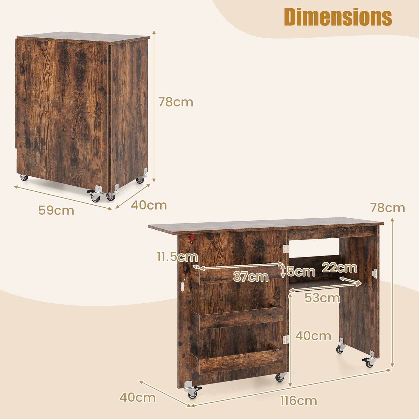 Folding Sewing Table with Storage Shelf and 3 Hidden Bins for Home-Rustic Brown