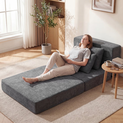 Folding Sofa Bed 3-in-1 Convertible Sleeper Chair with Pillows-Grey