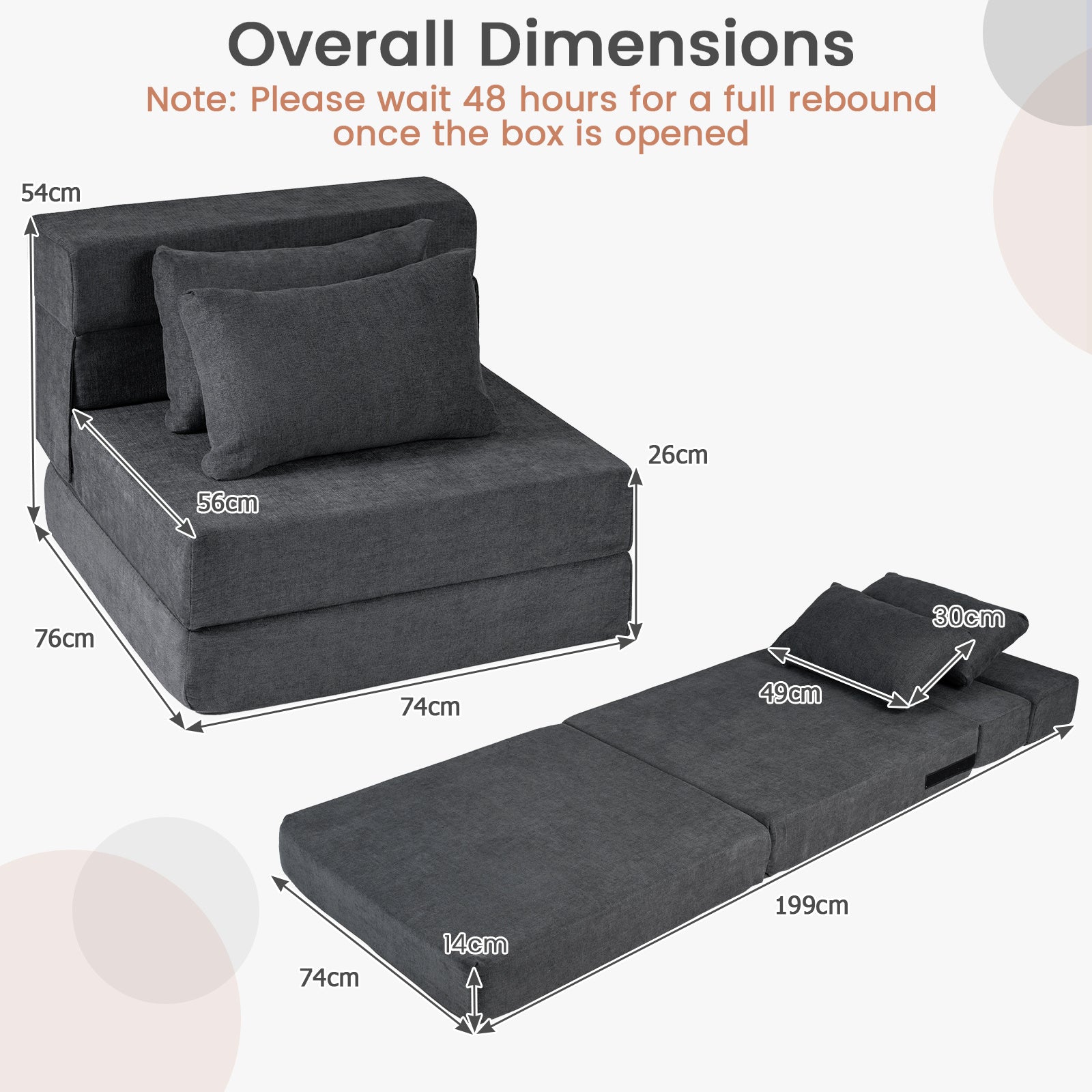 Folding Sofa Bed 3-in-1 Convertible Sleeper Chair with Pillows-Grey