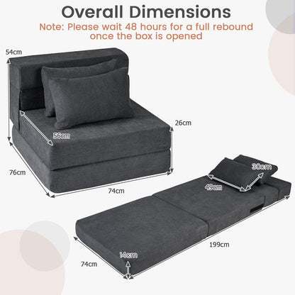 Folding Sofa Bed 3-in-1 Convertible Sleeper Chair with Pillows-Grey