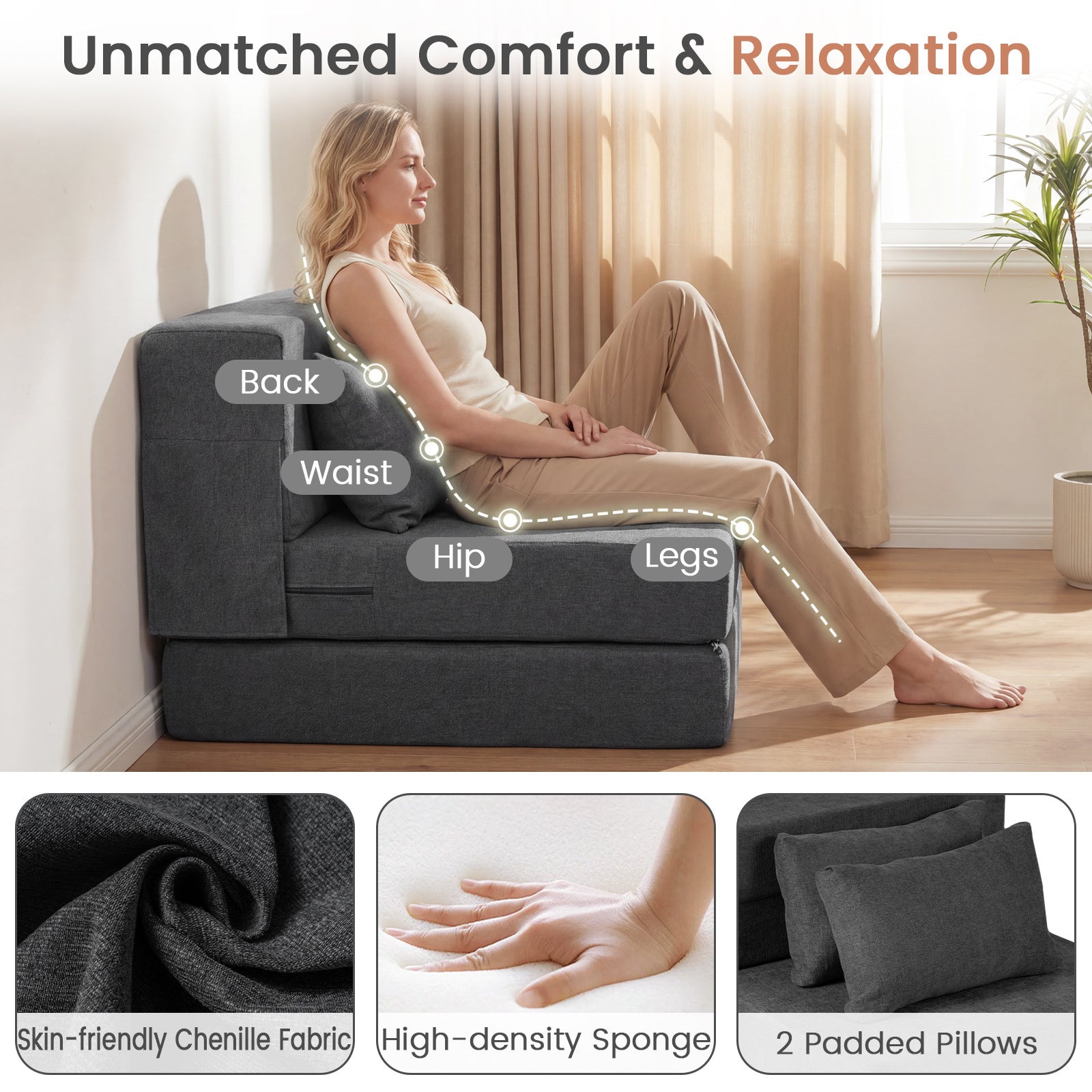 Folding Sofa Bed 3-in-1 Convertible Sleeper Chair with Pillows-Grey