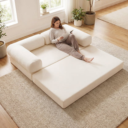 Folding Sofa Bed 4-in-1 Convertible Futon Couch with Comfy Corduroy Cover-Beige