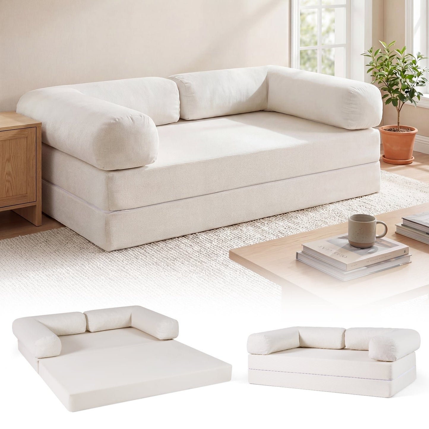 Folding Sofa Bed 4-in-1 Convertible Futon Couch with Comfy Corduroy Cover-Beige