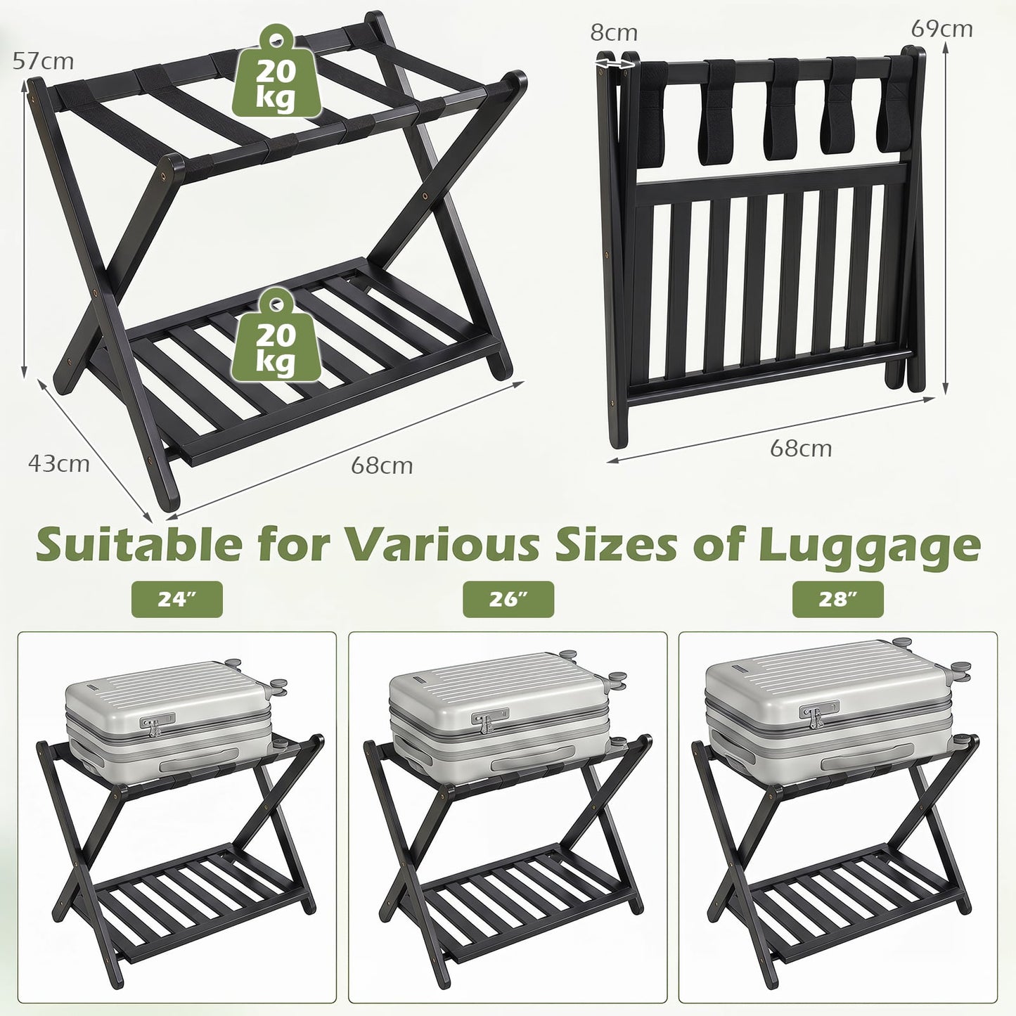 Folding Suitcase Stand with Straps and Bamboo Storage Shelves for Guest Room-Black