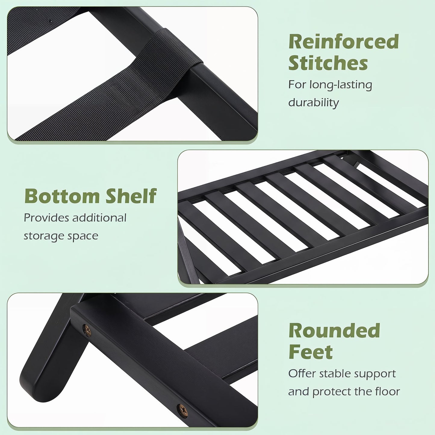 Folding Suitcase Stand with Straps and Bamboo Storage Shelves for Guest Room-Black