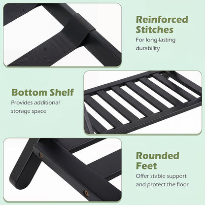 Folding Suitcase Stand with Straps and Bamboo Storage Shelves for Guest Room-Black