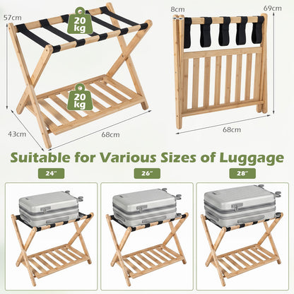 Folding Suitcase Stand with Straps and Bamboo Storage Shelves for Guest Room-Natrual