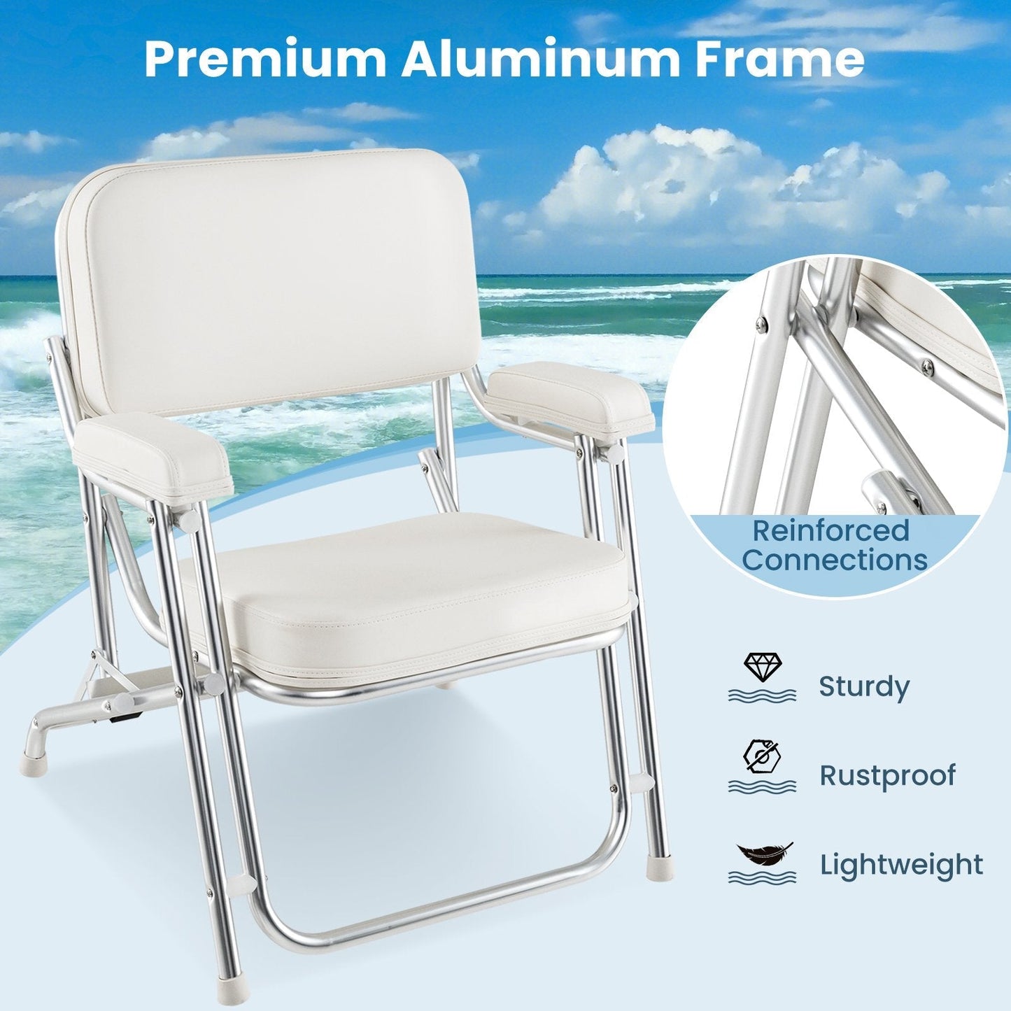 Folding Aluminum Deck Chair with Upholstered Seat-White
