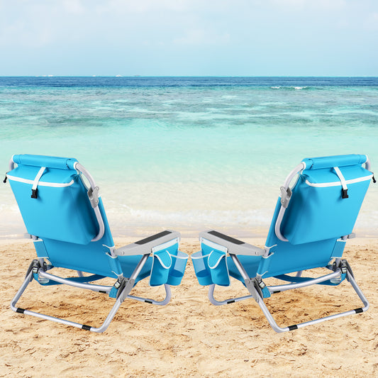 Folding Backpack Beach Chair with 5-Position Backrest for Adults-Blue