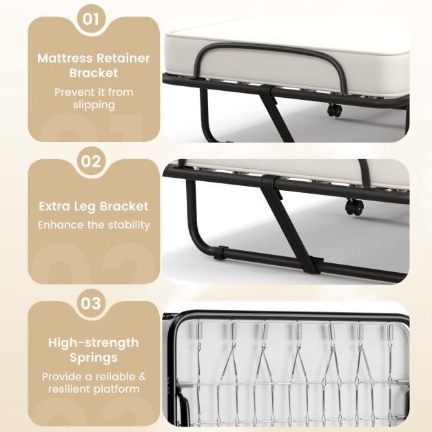 Folding Bed with Memory Foam Mattress with Wheels Made in Italy