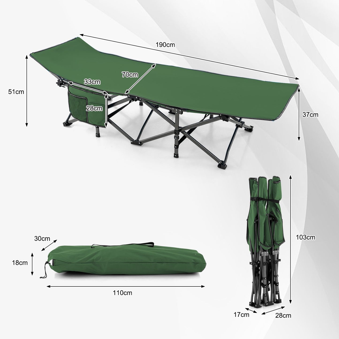 Folding Camping Cot Heavy-duty Sleeping Cot with 3-In-1 Pocket-Green