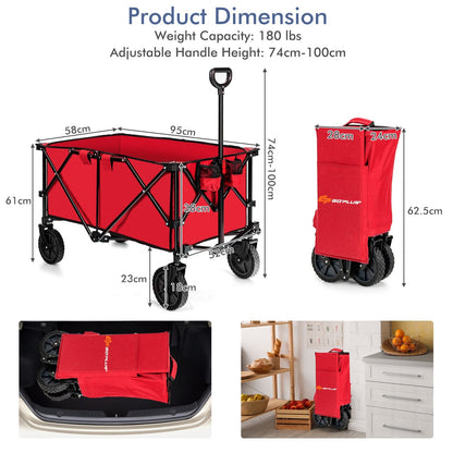 Folding Camping Wagon with Cup Holders and Adjustable Handle-Red