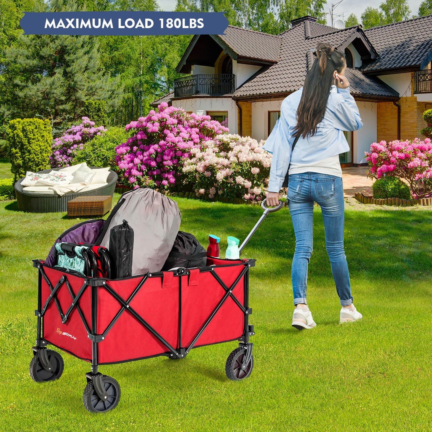 Folding Camping Wagon with Cup Holders and Adjustable Handle-Red