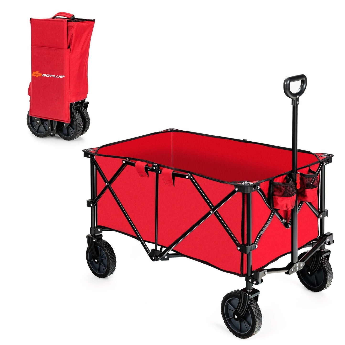 Folding Camping Wagon with Cup Holders and Adjustable Handle-Red