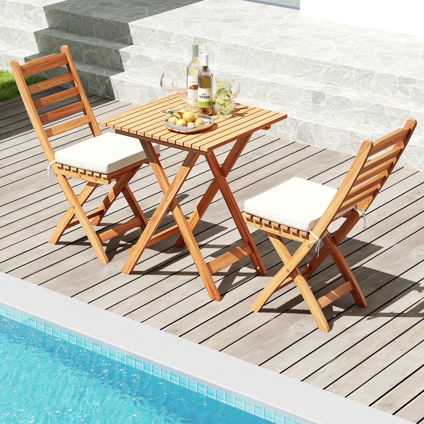 3 Pieces Outdoor Acacia Wood Bistro Set with Seat Cushions and High Back-Horizontal-Slatted Back