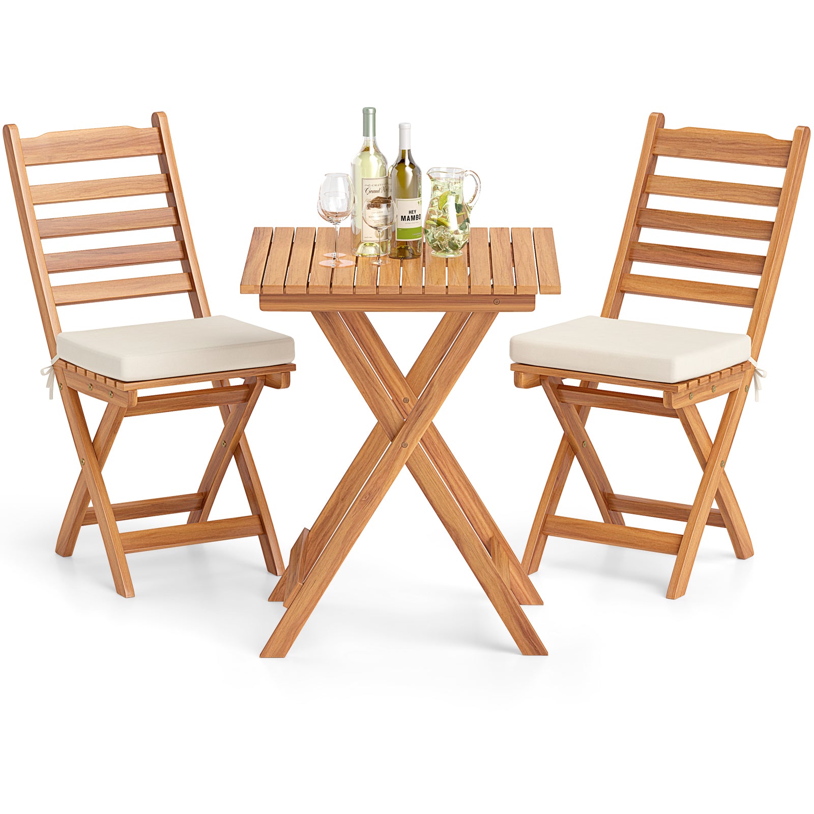 3 Pieces Outdoor Acacia Wood Bistro Set with Seat Cushions and High Back-Horizontal-Slatted Back