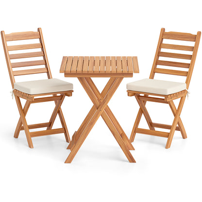 3 Pieces Outdoor Acacia Wood Bistro Set with Seat Cushions and High Back-Horizontal-Slatted Back