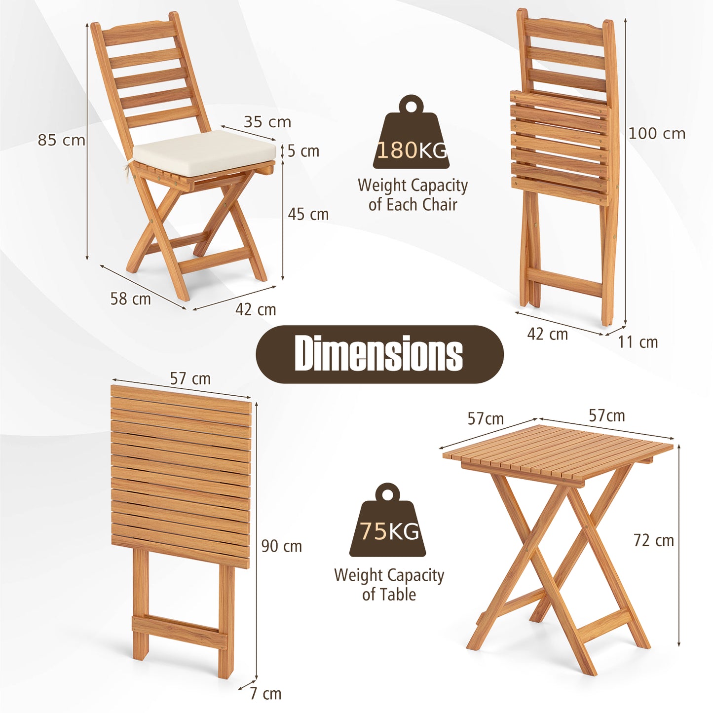 3 Pieces Outdoor Acacia Wood Bistro Set with Seat Cushions and High Back-Horizontal-Slatted Back