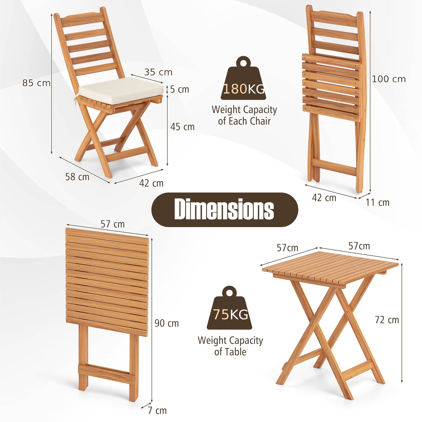 3 Pieces Outdoor Acacia Wood Bistro Set with Seat Cushions and High Back-Horizontal-Slatted Back