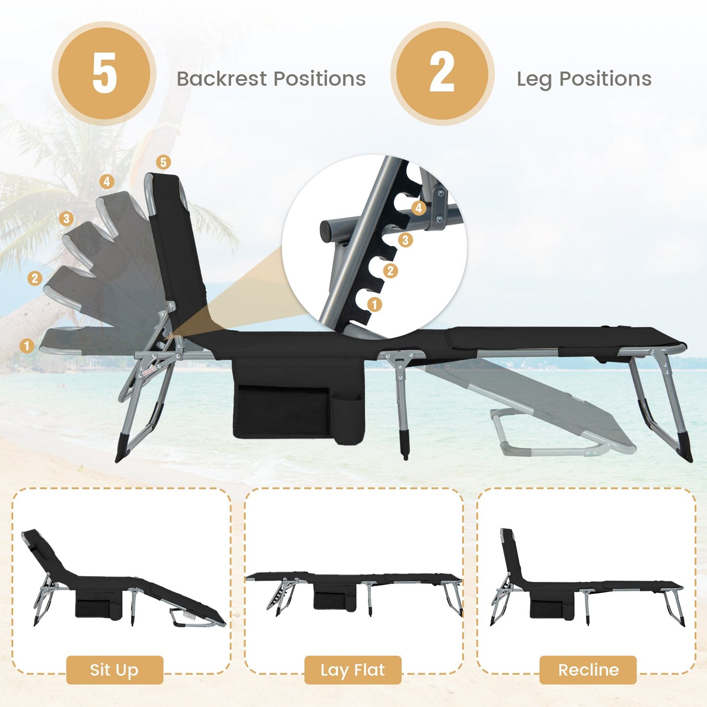 Outdoor 5-position Folding Chaise Lounge Chair with Adjustable Footrest-Black