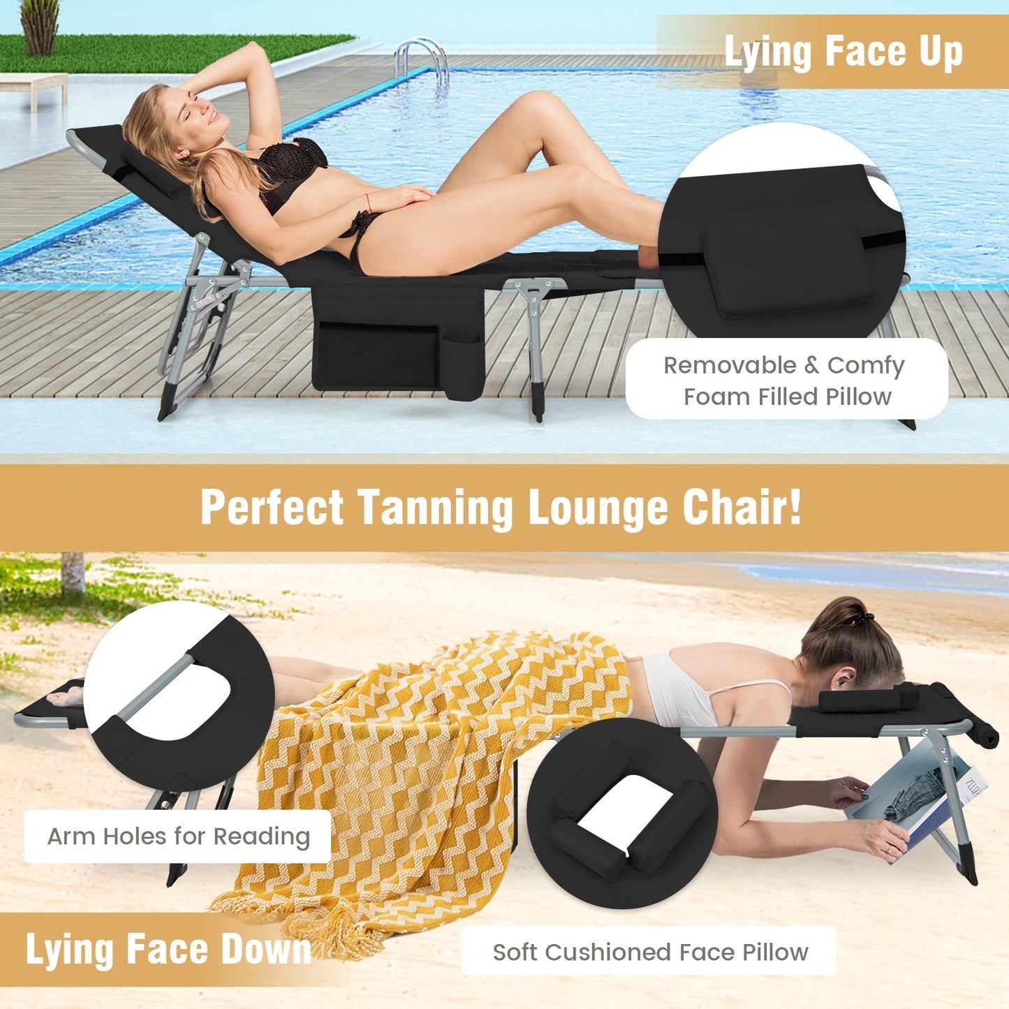 Outdoor 5-position Folding Chaise Lounge Chair with Adjustable Footrest-Black