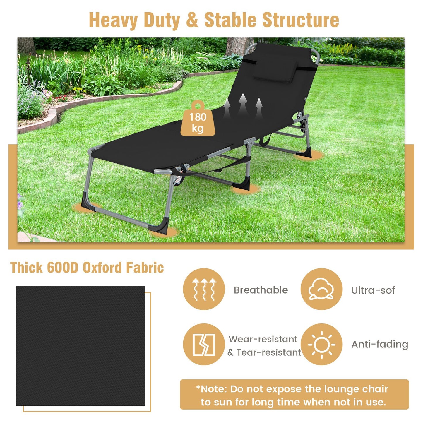 Outdoor 5-position Folding Chaise Lounge Chair with Adjustable Footrest-Black