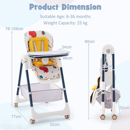 Folding Convertible Baby High Chair with Reclining Backrest-Yellow