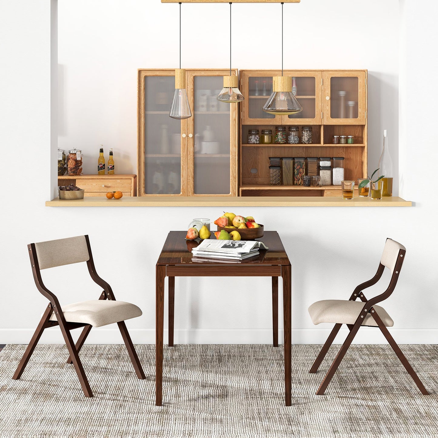 Folding Dining Chair Set of 2 with Solid Wood Frame and Padded Seat-Beige